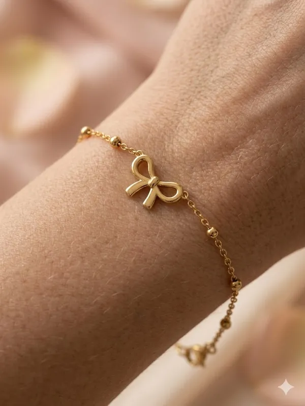 Gold_Stainless_Steel_Bow_Charm_Chain_Bracelet_For_Women