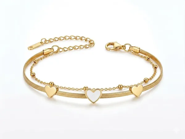 Gold_Stainless_Steel_Dual_Layer_Heart_Chain_Bracelet_For_Women