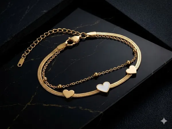 Gold_Stainless_Steel_Dual_Layer_Heart_Chain_Bracelet_For_Women