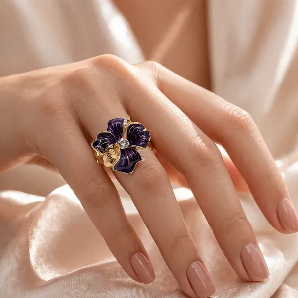 Gold_Stainless_Steel_Violet_Floral_Enamel_Statement_Ring_For_Women
