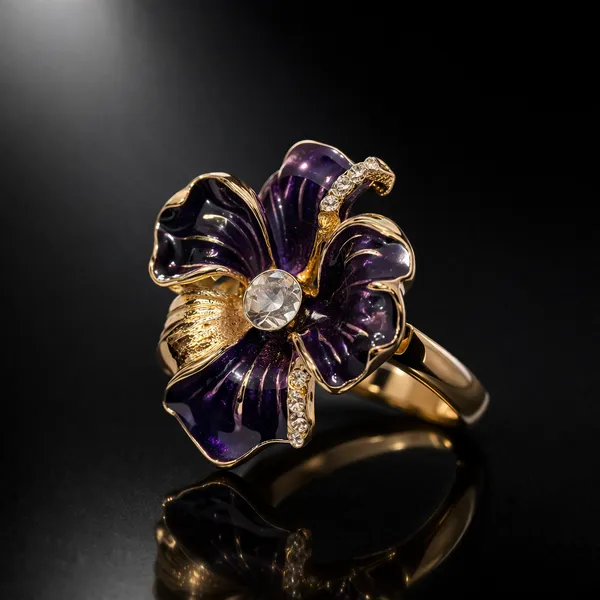Gold_Stainless_Steel_Violet_Floral_Enamel_Statement_Ring_For_Women