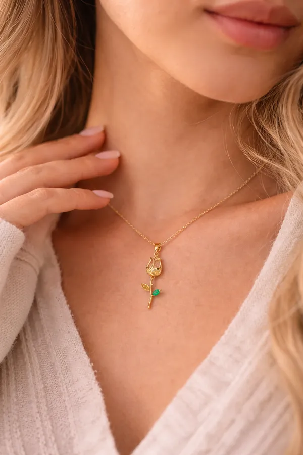 Gold_Stainless_Steel_Rose_Charm_Emerald_Accent_Pendant_Necklace_For_Women