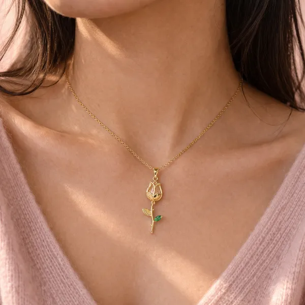 Gold_Stainless_Steel_Rose_Charm_Emerald_Accent_Pendant_Necklace_For_Women