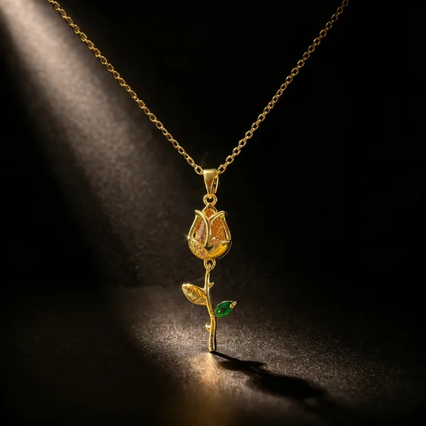 Gold_Stainless_Steel_Rose_Charm_Emerald_Accent_Pendant_Necklace_For_Women