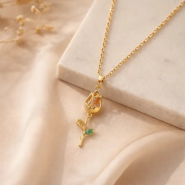 Gold_Stainless_Steel_Rose_Charm_Emerald_Accent_Pendant_Necklace_For_Women