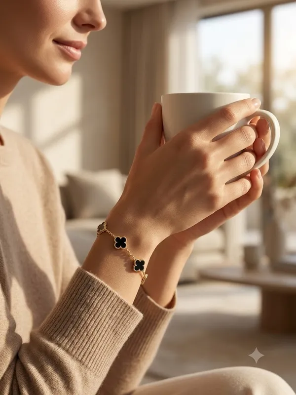 Gold_Stainless_Steel_Black_Clover_Charm_Chain_Bracelet_For_Women