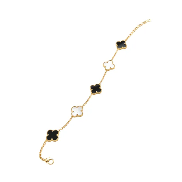 Gold_Stainless_Steel_Black_White_Clover_Charm_Bracelet_For_Women