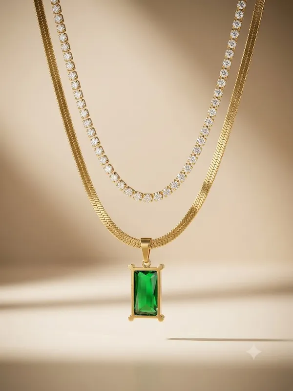 Gold_Stainless_Steel_Emerald_Crystal_Layered_Necklace_For_Women