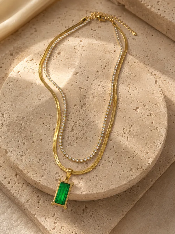 Gold_Stainless_Steel_Emerald_Crystal_Layered_Necklace_For_Women