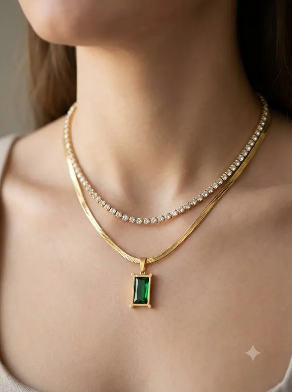 Gold_Stainless_Steel_Emerald_Crystal_Layered_Necklace_For_Women