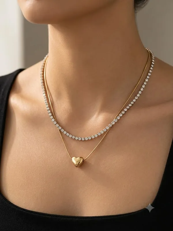 Gold_Stainless_Steel_Double_Layer_Heart_Pendant_Tennis_Necklace_For_Women