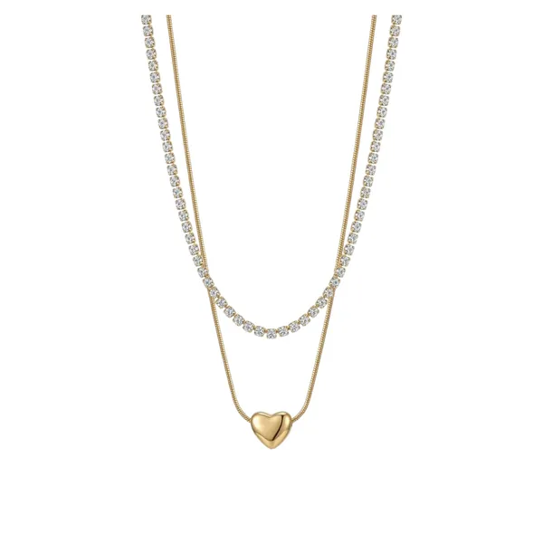 Gold_Stainless_Steel_Double_Layer_Heart_Pendant_Tennis_Necklace_For_Women
