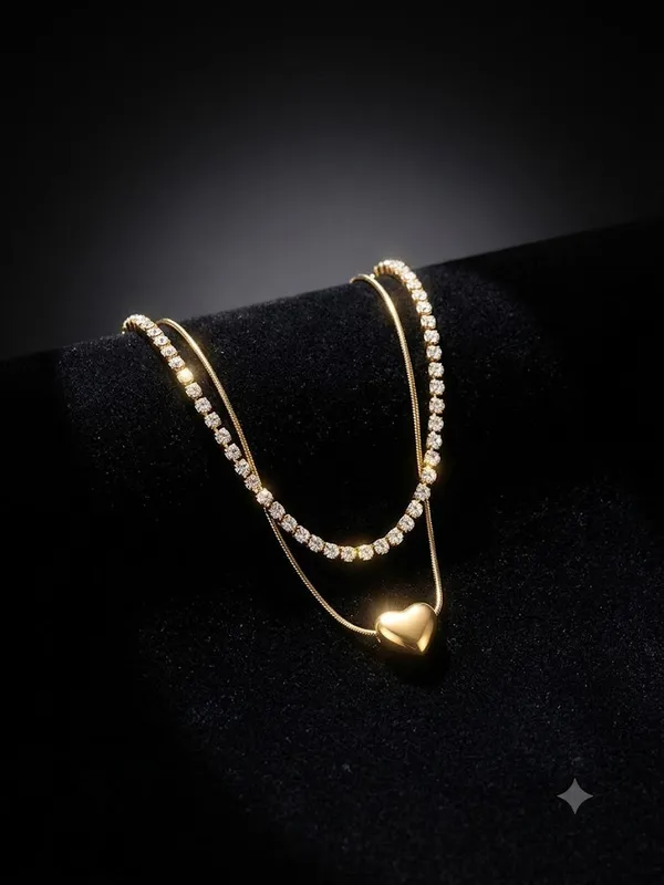 Gold_Stainless_Steel_Double_Layer_Heart_Pendant_Tennis_Necklace_For_Women