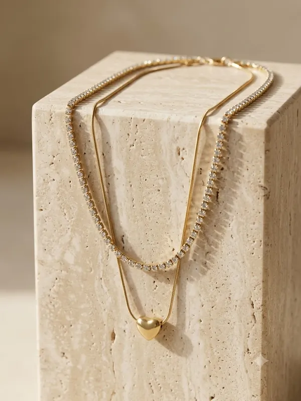 Gold_Stainless_Steel_Double_Layer_Heart_Pendant_Tennis_Necklace_For_Women