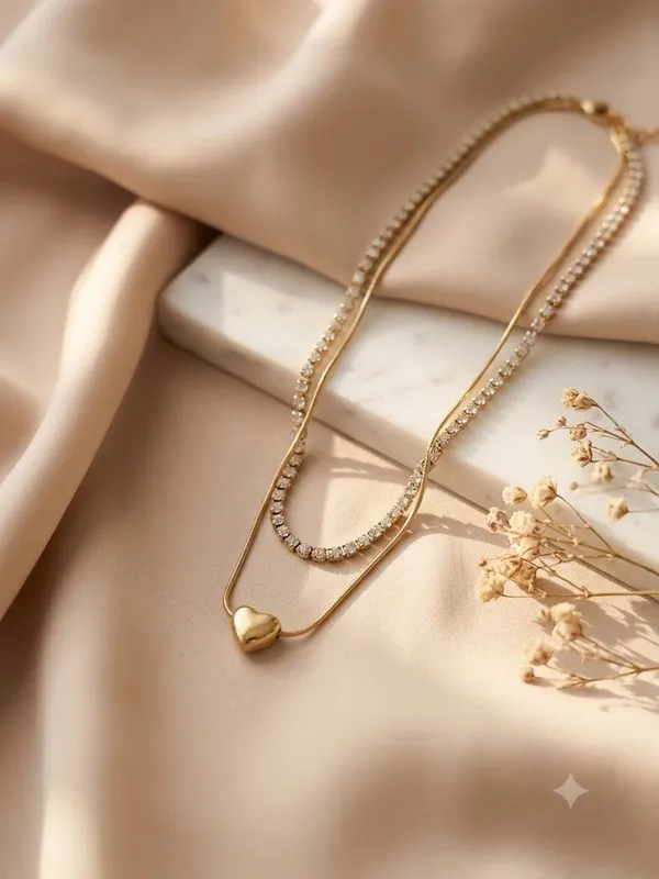 Gold_Stainless_Steel_Double_Layer_Heart_Pendant_Tennis_Necklace_For_Women
