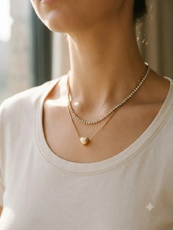 Gold_Stainless_Steel_Double_Layer_Heart_Pendant_Tennis_Necklace_For_Women