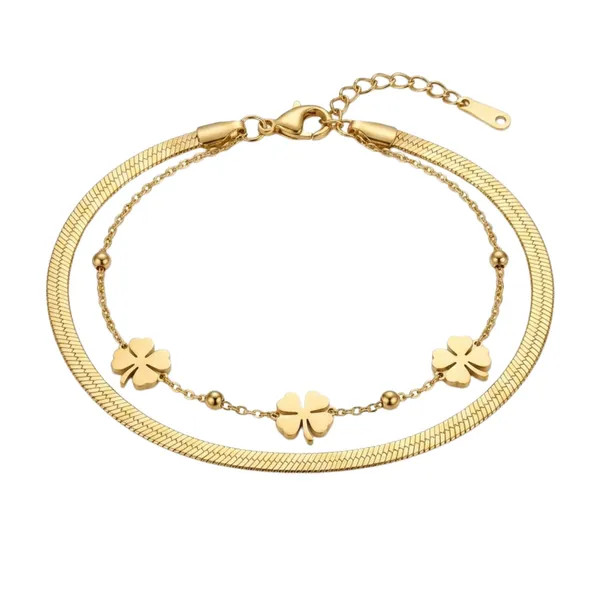Gold_Stainless_Steel_Clover_Charm_Double_Layer_Bracelet_For_Women