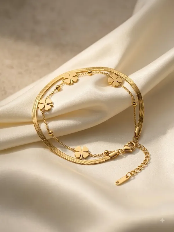 Gold_Stainless_Steel_Clover_Charm_Double_Layer_Bracelet_For_Women
