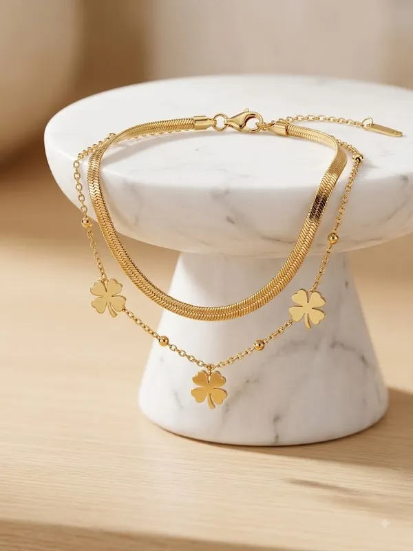 Gold_Stainless_Steel_Clover_Charm_Double_Layer_Bracelet_For_Women