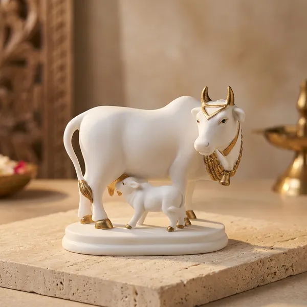 White_Resin_Marble_Dust_Cow_And_Calf_Figurine_Home
