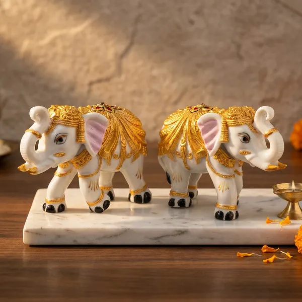 White_And_Golden_Resin_Marble_Dust_Elephant_Figurine_Set_Home