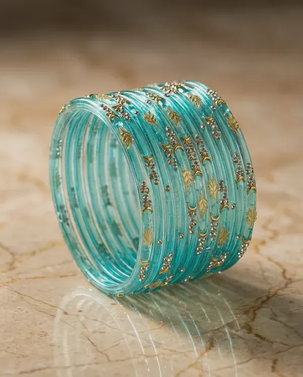Kripyam_Premium_Aqua_Green_Glass_Bangles_Set_For_Women_Designer_Gold_Leaf_Stone_Work_Glass_Chooda_Bridal_Wedding_Festive_Traditional_Wear_Elegant_Glass_Bangles_Set_Of_24