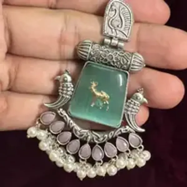 Kripyam_Premium_Peacock_Statement_Earrings_With_Green_Cat_S_Eye_Stone_Pearl_Drops_Handcrafted_Ethnic_Chandelier_Earrings_For_Women_Jaipuri_Style_Set_Of_2
