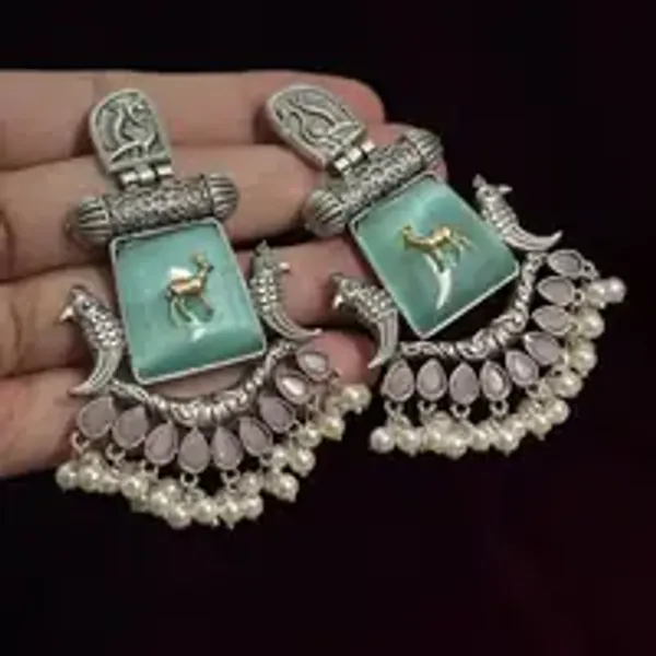 Kripyam_Premium_Peacock_Statement_Earrings_With_Green_Cat_S_Eye_Stone_Pearl_Drops_Handcrafted_Ethnic_Chandelier_Earrings_For_Women_Jaipuri_Style_Set_Of_2