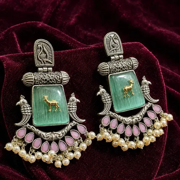 Kripyam_Premium_Peacock_Statement_Earrings_With_Green_Cat_S_Eye_Stone_Pearl_Drops_Handcrafted_Ethnic_Chandelier_Earrings_For_Women_Jaipuri_Style_Set_Of_2