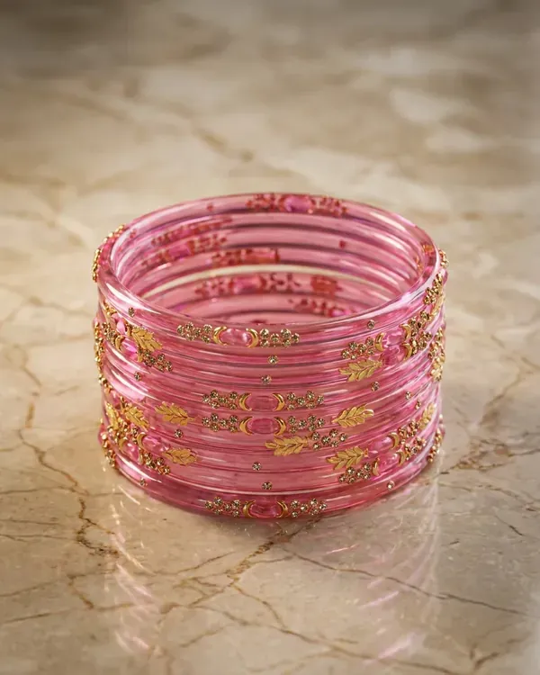 Kripyam_Premium_Blush_Pink_Glass_Bangles_For_Women_Designer_Gold_Leaf_Stone_Work_Glass_Chudi_Bridal_Wedding_Festive_Traditional_Wear