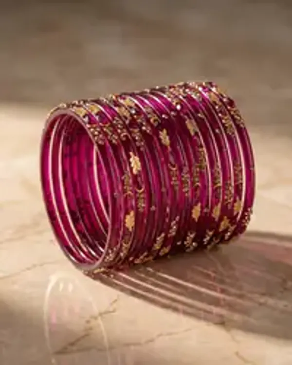 Premium_Designer_Maroon_Glass_Bangles_Set_For_Women_Traditional_Gold_Leaf_Design_Glass_Chooda_Bridal_Wedding_Festive_Ethnic_Wear