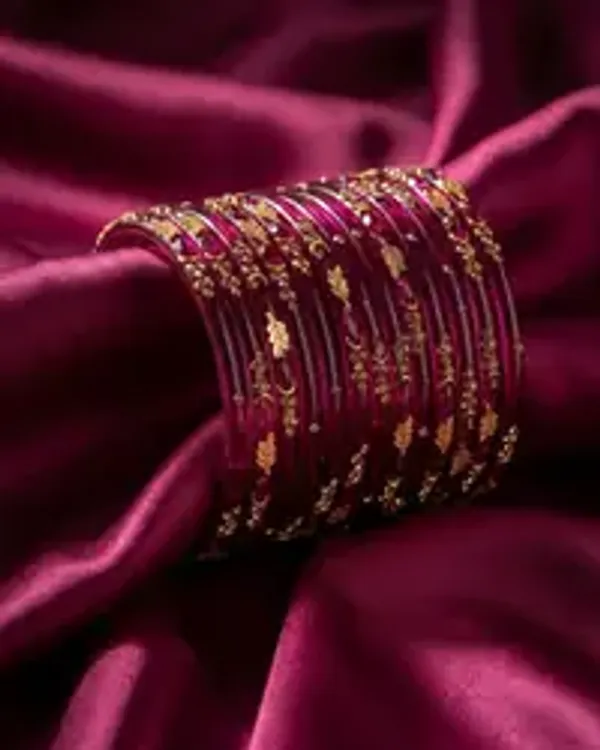 Premium_Designer_Maroon_Glass_Bangles_Set_For_Women_Traditional_Gold_Leaf_Design_Glass_Chooda_Bridal_Wedding_Festive_Ethnic_Wear