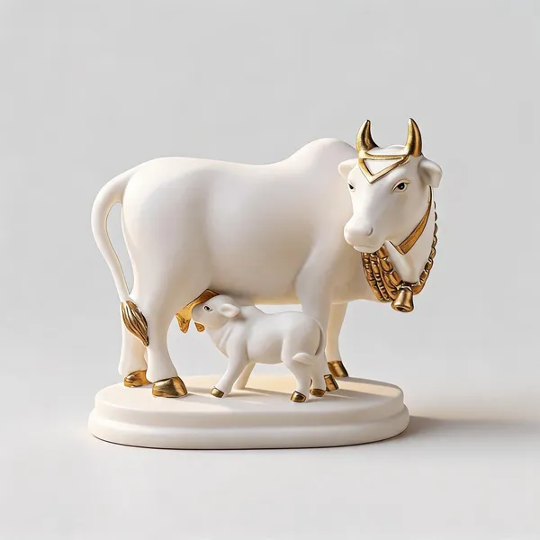 White_Resin_Marble_Dust_Cow_And_Calf_Figurine_Home
