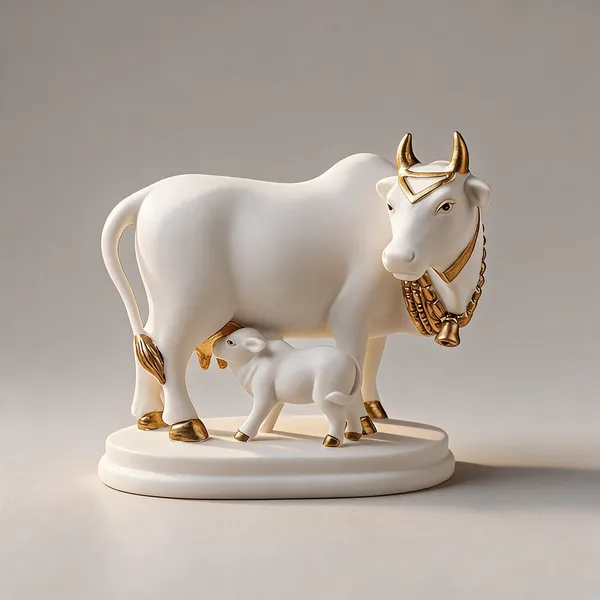 White_Resin_Marble_Dust_Cow_And_Calf_Figurine_Home