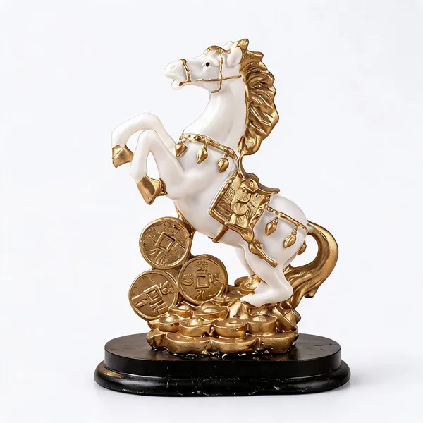 White_And_Golden_Resin_Marble_Dust_Horse_Figurine_Home