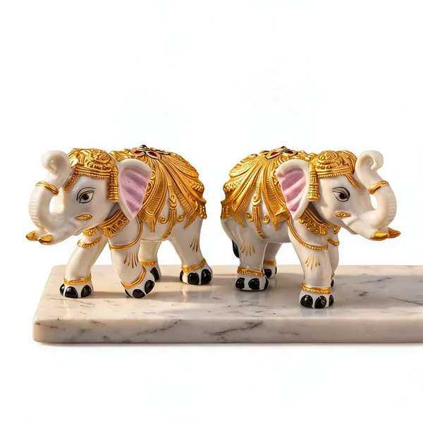 White_And_Golden_Resin_Marble_Dust_Elephant_Figurine_Set_Home