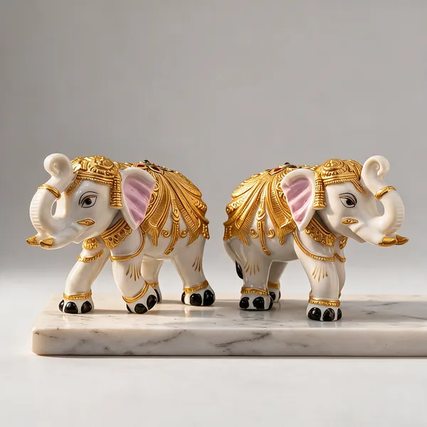 White_And_Golden_Resin_Marble_Dust_Elephant_Figurine_Set_Home