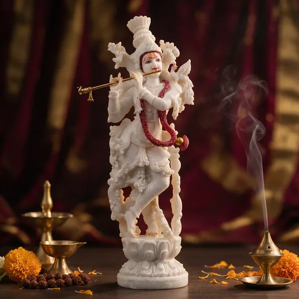 White_And_Golden_Resin_Marble_Dust_Krishna_Ji_Idol_Home