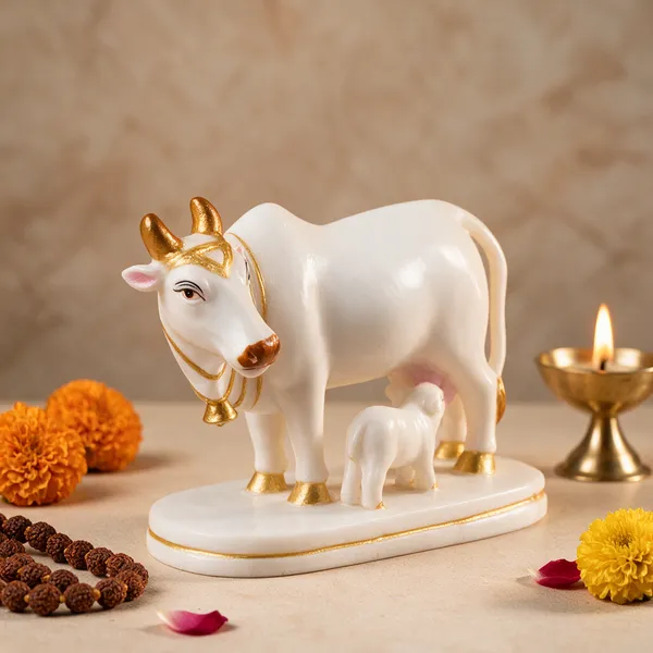 White_Resin_Marble_Dust_Kamdhenu_Cow_And_Calf_Idol_Home