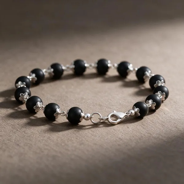Black_Natural_Stone_Silver_Bead_Bracelet_For_Unisex