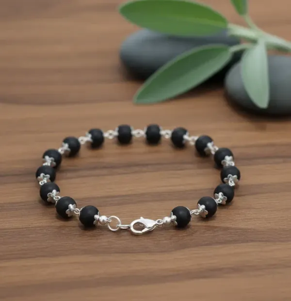 Black_Natural_Stone_Silver_Bead_Bracelet_For_Unisex