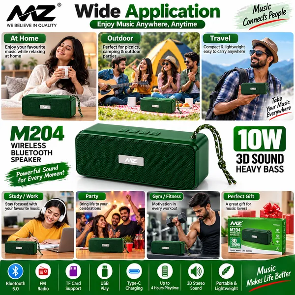 Green_Mz_M204_Green_10W_Bluetooth_5.0_Portable_Speaker_Fm