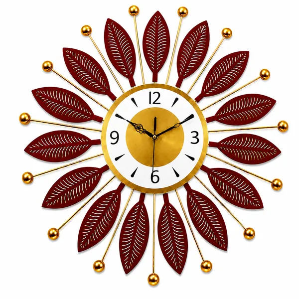 Decorative_Metal_Wall_Clock,_Silent_Non-Ticking_Sunburst_Wall_Art_Clock_with_Maroon_Leaves_&_Gold_Accents_for_Home,_Office,_Living_Room_Decor