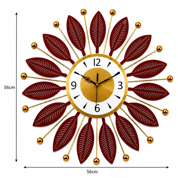 Decorative_Metal_Wall_Clock,_Silent_Non-Ticking_Sunburst_Wall_Art_Clock_with_Maroon_Leaves_&_Gold_Accents_for_Home,_Office,_Living_Room_Decor