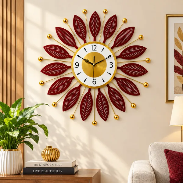 Decorative_Metal_Wall_Clock,_Silent_Non-Ticking_Sunburst_Wall_Art_Clock_with_Maroon_Leaves_&_Gold_Accents_for_Home,_Office,_Living_Room_Decor