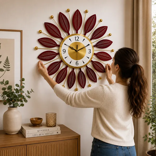 Decorative_Metal_Wall_Clock,_Silent_Non-Ticking_Sunburst_Wall_Art_Clock_with_Maroon_Leaves_&_Gold_Accents_for_Home,_Office,_Living_Room_Decor