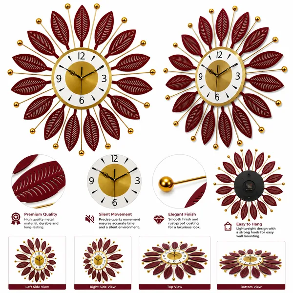 Decorative_Metal_Wall_Clock,_Silent_Non-Ticking_Sunburst_Wall_Art_Clock_with_Maroon_Leaves_&_Gold_Accents_for_Home,_Office,_Living_Room_Decor