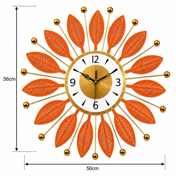 Decorative_Orange_Metal_Wall_Clock,_Silent_Non-Ticking_Sunburst_Wall_Art_Clock_with_Gold_Accents_&_Leaf_Motifs_for_Home,_Office,_Living_Room_Decor