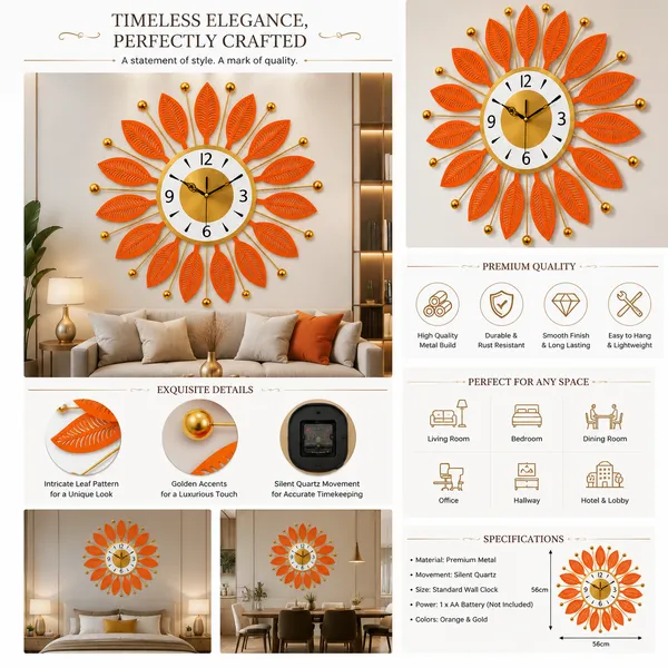 Decorative_Orange_Metal_Wall_Clock,_Silent_Non-Ticking_Sunburst_Wall_Art_Clock_with_Gold_Accents_&_Leaf_Motifs_for_Home,_Office,_Living_Room_Decor