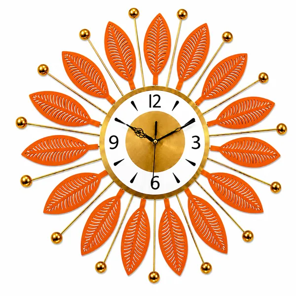 Decorative_Orange_Metal_Wall_Clock,_Silent_Non-Ticking_Sunburst_Wall_Art_Clock_with_Gold_Accents_&_Leaf_Motifs_for_Home,_Office,_Living_Room_Decor